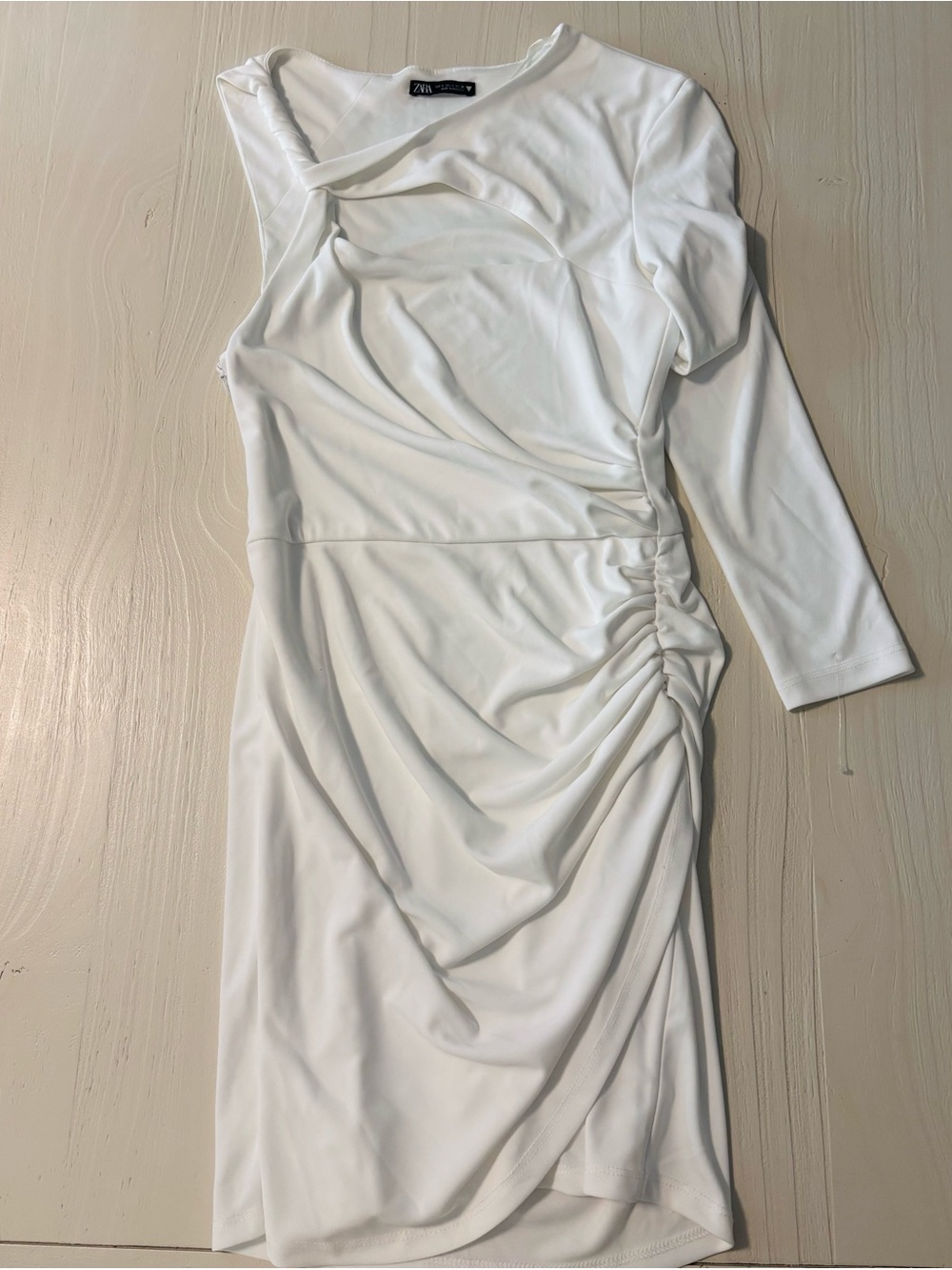 Zara White Ruched One-Shoulder Midi Dress